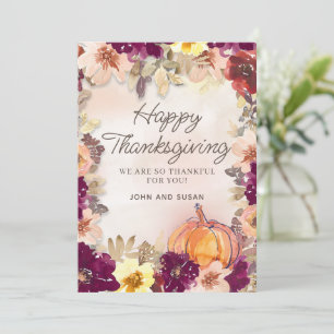 Kürbis Burgunderrosa Florales Thanksgiving Grußkar