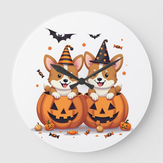 Kürbis-Corgi-Party Große Wanduhr (Vorderseite)