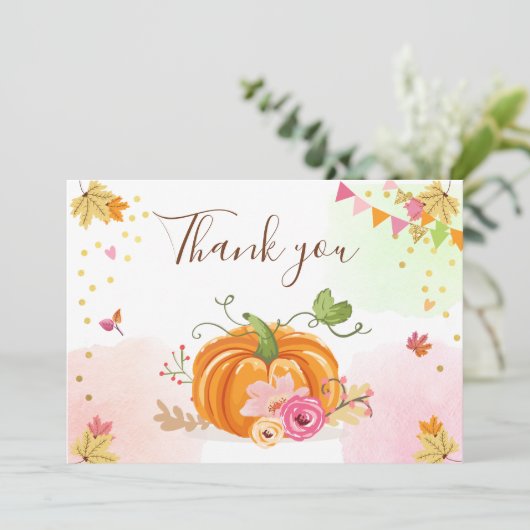 Kürbis danken Ihnen, Mädchen-rosa Blumenherbst zu Dankeskarte (Stehend Vorderseite)