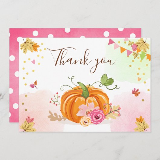 Kürbis danken Ihnen, Mädchen-rosa Blumenherbst zu Dankeskarte (Vorne/Hinten)