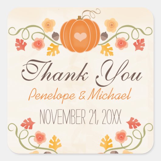 Kürbis-Eichel-BlumenHochzeit im Herbst danken Quadratischer Aufkleber (Vorderseite)