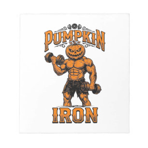 Kürbis Eisen Vintage Bodybuilder Halloween Design_ Notizblock