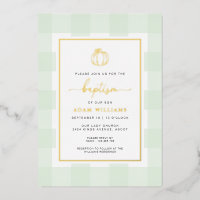 Kürbis Grün Gingham Taufe Goldfolie Einladung
