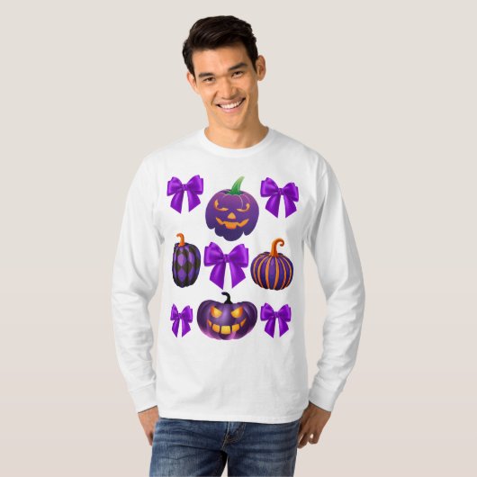Kürbis Halloween Lila Croquette-Bogen Spaß T-Shirt (Vorne ganz)
