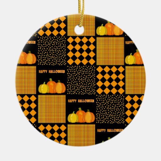 Kürbis-Halloween-Patchwork-Muster Keramik Ornament (Vorne)