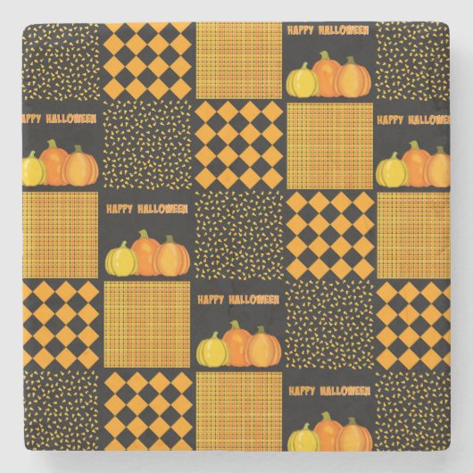 Kürbis-Halloween-Patchwork-Muster Steinuntersetzer (Vorderseite)