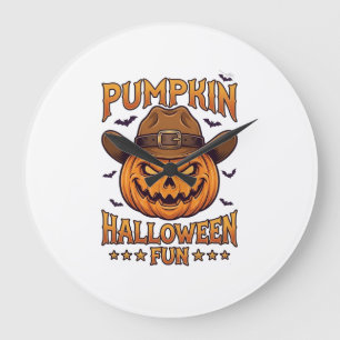 Kürbis Halloween-Spaß Jack Lantern Cowboyhut Flede Große Wanduhr