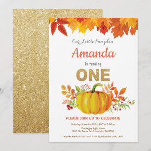 Kürbis Herbst Erster Geburtstag Gold Glitter Einladung