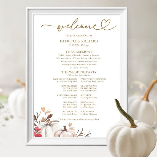 Kürbis-Herbst-Hochzeitszeremonie-Programm-Schild Poster