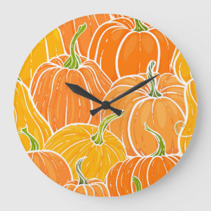 Kürbis im Cartoon-Stil, süßes Herbstmuster. Große Wanduhr