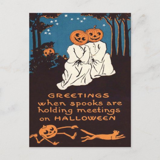 Kürbis Jack O' Lantern Geist Schwarze Katze Baum Postkarte (Vorderseite)