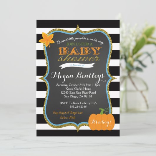 Kürbis-Jungen-Babyparty-Einladungs-Einladungen Einladung (Stehend Vorderseite)