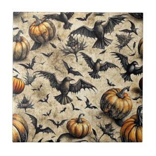 Kürbis, Krähen und Fledermäuse Halloween Muster (2 Fliese