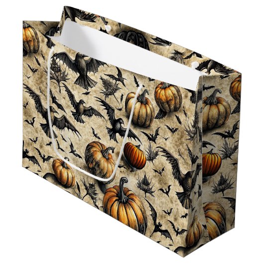 Kürbis, Krähen und Fledermäuse Halloween Muster (2 Große Geschenktüte (Vorderseite Schrägansicht)
