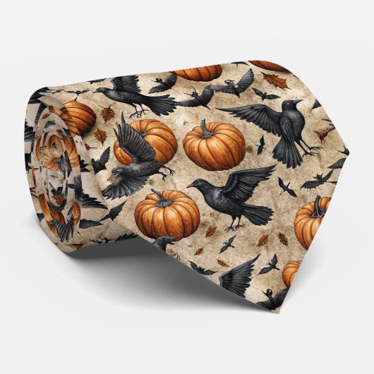 Kürbis, Krähen und Fledermausmuster Krawatte (Gerollt)