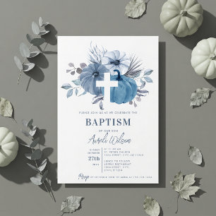 Kürbis Kreuz Fall Junge Taufe Dusty Blue Einladung