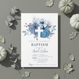 Kürbis Kreuz Fall Junge Taufe Dusty Blue Einladung