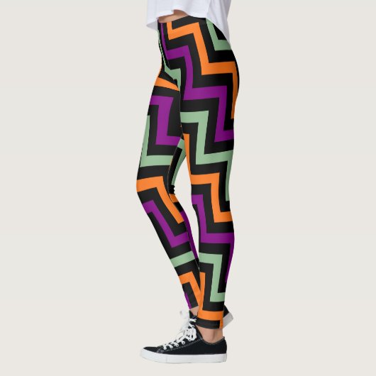 Kürbis, Lila, Grün und Schwarz Zickzack Leggings (Links)