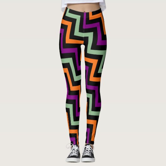 Kürbis, Lila, Grün und Schwarz Zickzack Leggings (Vorderseite)