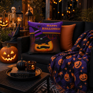 Kürbis mit Hexenhut Halloween Kürbis mit lila Hexe Kissen