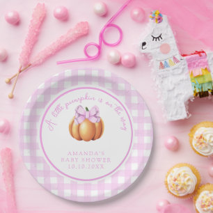 Kürbis mit rosa Schleife im Käfig Baby Shower Pappteller