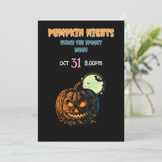 Kürbis mit Vollmond und Halloween Einladung (Stehend Vorderseite)