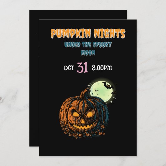 Kürbis mit Vollmond und Halloween Einladung (Vorne/Hinten)