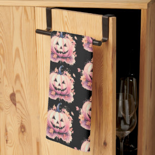Kürbis Orange Blätter Schwarzes Halloween Geschirrtuch