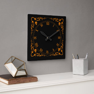 Kürbis Orange Halloween Zaubergrenze mit Totenköpf Quadratische Wanduhr