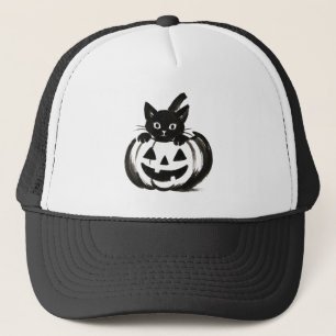 Kürbis-Peek – Halloween-Design mit schwarzer Katze Truckerkappe