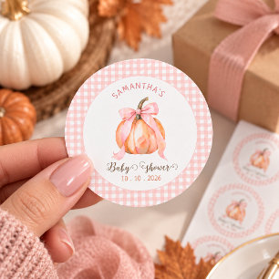 Kürbis rosa Schleife Gingham-Baby-Party Runder Aufkleber
