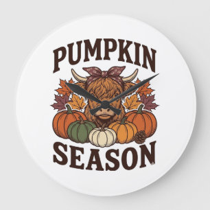 Kürbis-Saison Highland-Kuh Vintage-Herbst-Shirt_1 Große Wanduhr