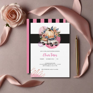 Kürbis Schwarz Rosa Blumen-LKW-Baby-Party Einladung