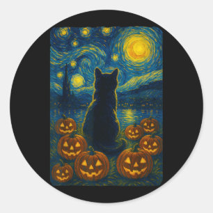 Kürbis Schwarze Katze Halloween Van Gogh Sternenna Runder Aufkleber