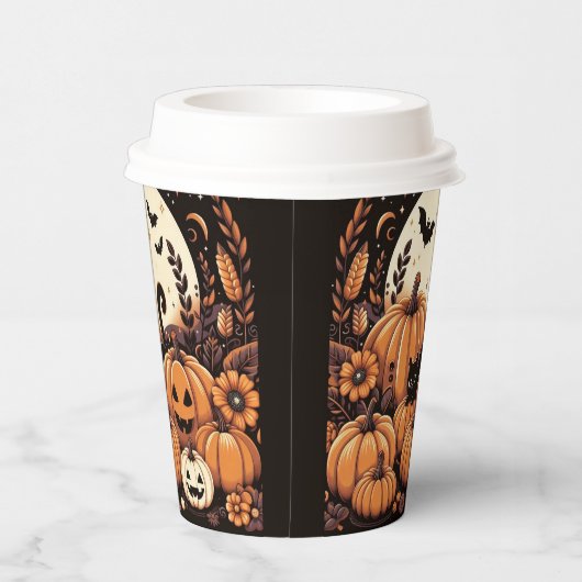 Kürbis, Schwarze Katzen, Fledermäuse und Vollmond Pappbecher (Rechts)