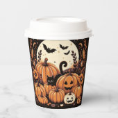 Kürbis, Schwarze Katzen, Fledermäuse und Vollmond Pappbecher (Vorderseite)