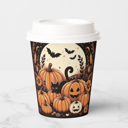 Kürbis, Schwarze Katzen, Fledermäuse und Vollmond Pappbecher (Vorderseite)