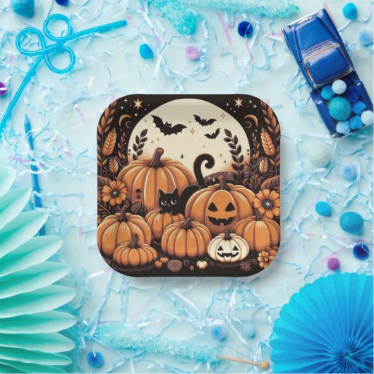 Kürbis, Schwarze Katzen, Fledermäuse und Vollmond Pappteller (Party)