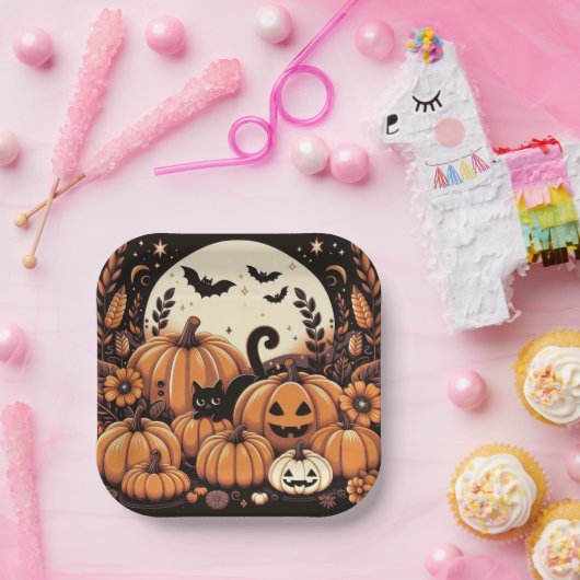 Kürbis, Schwarze Katzen, Fledermäuse und Vollmond Pappteller (Party)