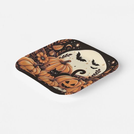 Kürbis, Schwarze Katzen, Fledermäuse und Vollmond Pappteller (Gewinkelt)