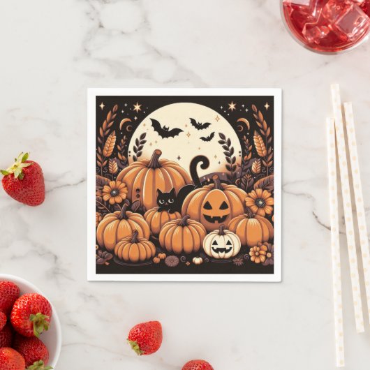 Kürbis, Schwarze Katzen, Fledermäuse und Vollmond Serviette (Beispiel)