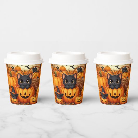 Kürbis, Schwarze Katzen und Fledermäuse Halloween Pappbecher (Multi)