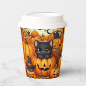 Kürbis, Schwarze Katzen und Fledermäuse Halloween Pappbecher (Vorderseite)