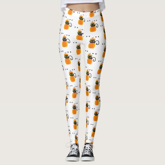 Kürbis, schwarze Katzenjammer, Halloween-Muster Leggings (Vorderseite)