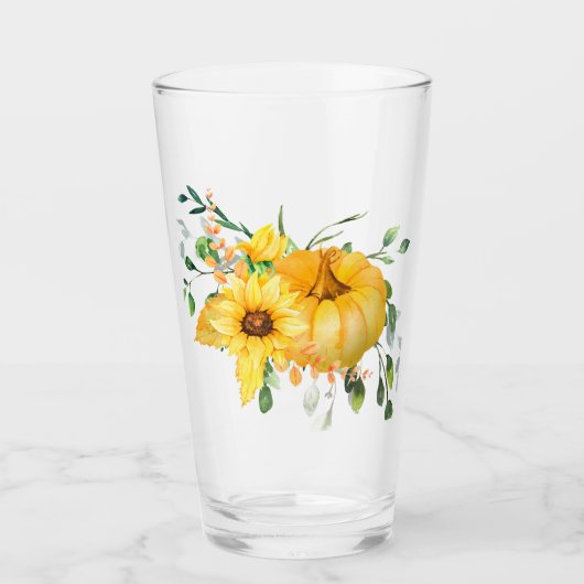 Kürbis, Sonnenblumen und Grünpflanzen Glas (Vorderseite)