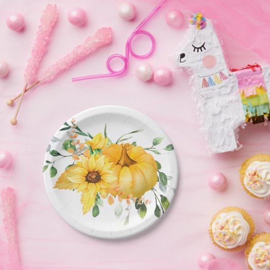 Kürbis, Sonnenblumen und Grünpflanzen Pappteller (Party)