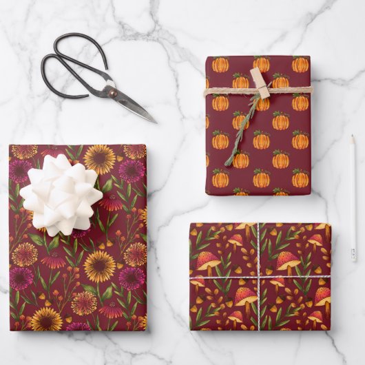 Kürbis, Sonnenblumen und Pilze auf Burgund Geschenkpapier Set (Vorderseite)