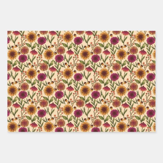 Kürbis, Sonnenblumen und Pilze auf Creme Geschenkpapier Set (Vorderseite)