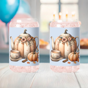 Kürbis-Teekanne mit Herbstblumen-Illustration Dosenglas