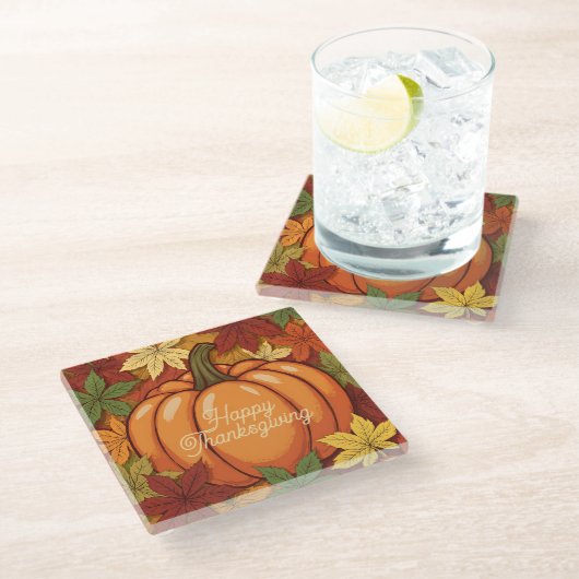 Kürbis und Blätter Thanksgiving Glasuntersetzer (Schrägansicht)